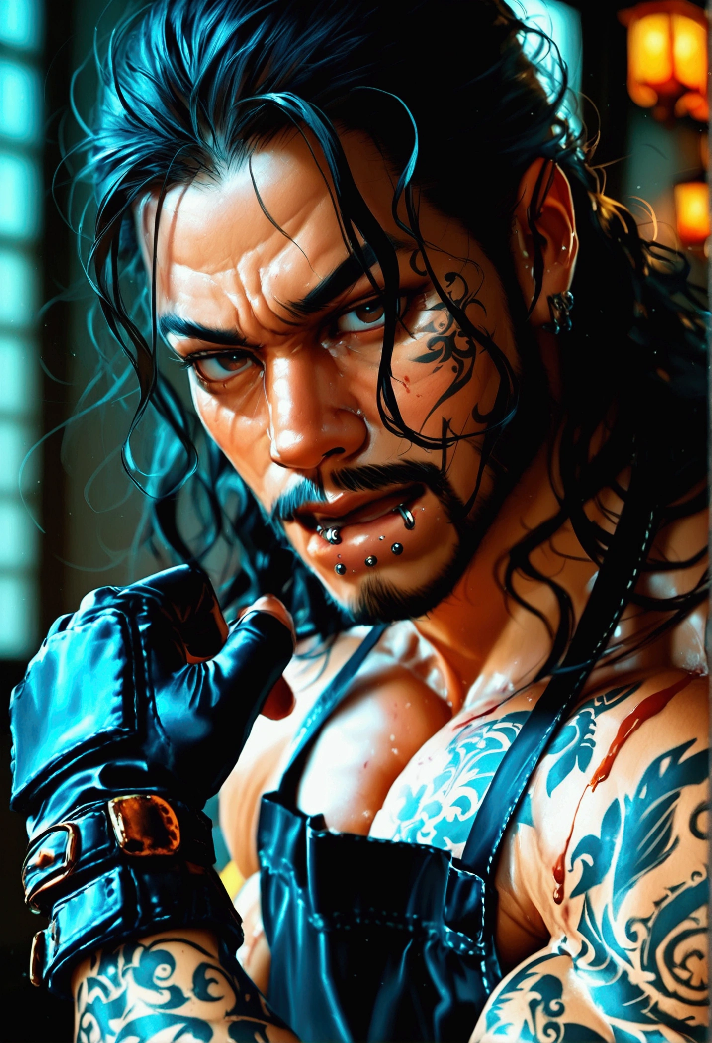 photorealistic muscular man, detailed tattoos covering skin, long wavy black hair, lower lip piercing, black gloves, black apron, intimidating expression, dark intense eyes, blood stains