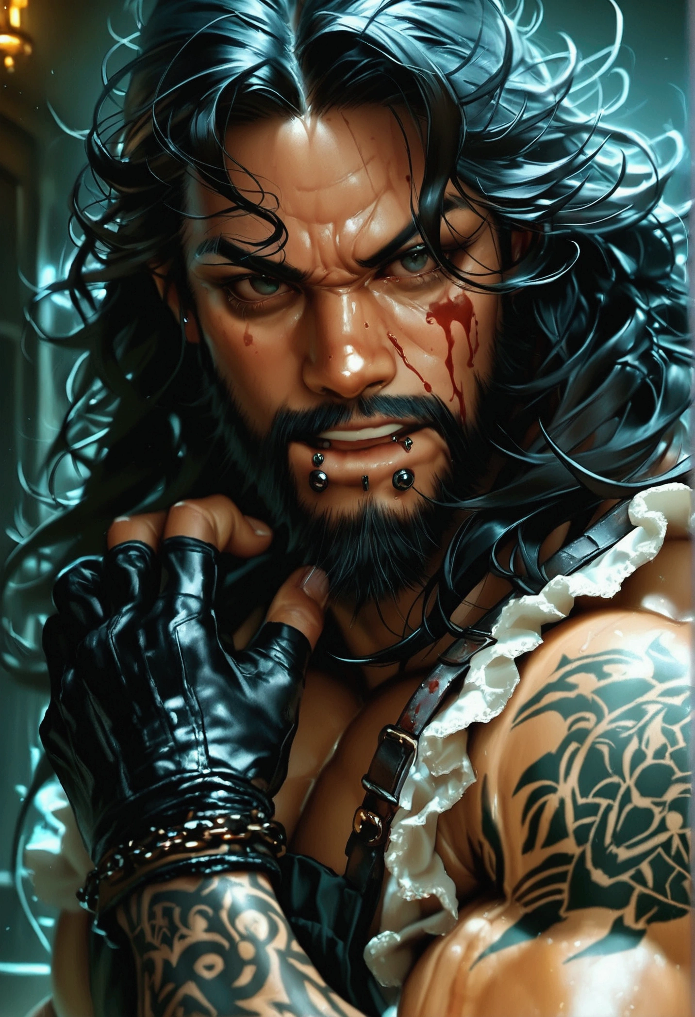 photorealistic muscular man, detailed tattoos covering skin, long wavy black hair, lower lip piercing, black gloves, black apron, intimidating expression, dark intense eyes, blood stains