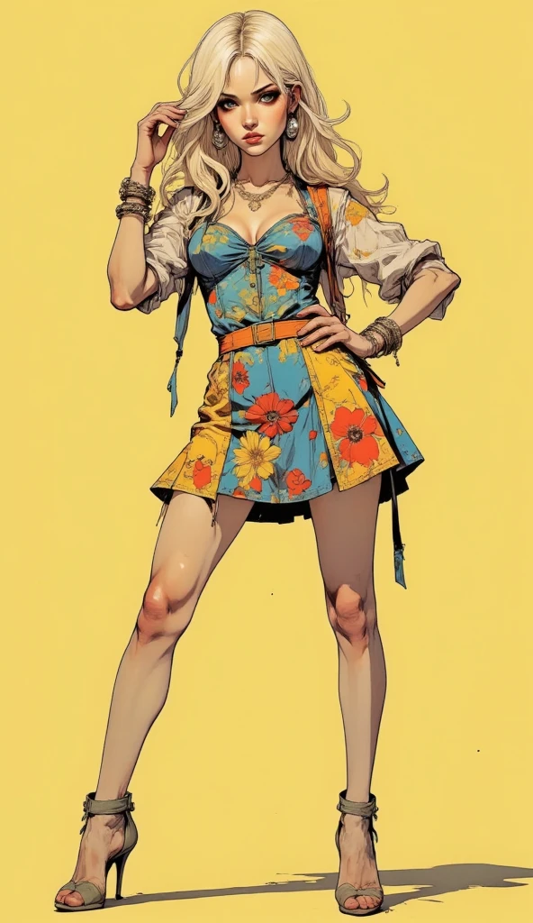 
" A young European woman posing as a model in a sexy and traditional costume from the 70s . She has fair skin,  delicate features and intense blue eyes that convey confidence and mystery .  Her hair is light blonde , long and wavy,  with a soft glow , loose over the shoulders .  She wears a tight retro European-style dress , with vibrant tones ,  floral details and a subtle neckline .  The skirt of the dress is short ,  highlighting her long and toned legs ,  wearing high-heeled shoes in a neutral tone .  Her posture is striking and elegant ,  with one hand on the hip and the other lightly raised ,  touching her hair casually ,  but charming .  

 Accessories include large, shiny earrings ,  a delicate necklace and bracelets that complement the style of the time .  The makeup is well done , with red lipstick,  well outlined eyes and a Slight smoky eyeshadow ,  highlighting his look .  The background of the image is simple ,  in a soft and uniform yellow tone ,  highlighting the figure of the woman and bringing a contrast with the vibrant costume and her skin Clara.  The lighting is soft and diffused ,  creating subtle shadows that emphasize the curves and details of the dress .  The overall atmosphere of the image reflects a balance between sensuality ,  retro fashion and elegance ."  

 This level of detail must work well to describe the desired look and environment . If you want to adjust something, notify!
(anime style 32K, HDR, UHD, intricate detail, extremely intricate detail, hyperrealistic, extremely realistic, high quality,   vivid color  , extremely detailed).