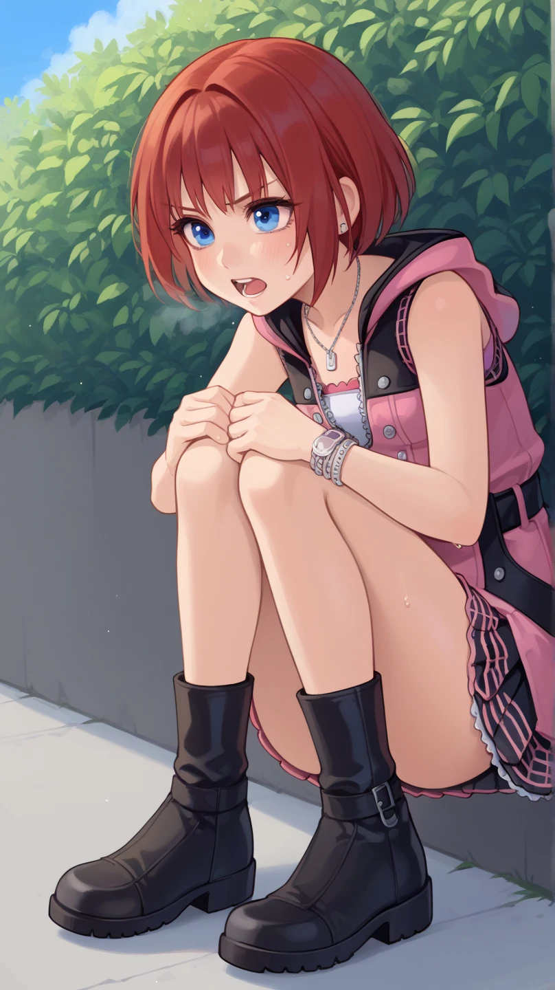 score_9, score_8_up, source_anime, highly detailed, 1girl, solo,
kairi, 1girl, solo, blue eyes, zipper, jewelry, boots, dress, necklace, short hair, red hair, pink dress, zipper pull tab, pleated dress, short dress, upper body,
outdoor, hands on knees, out of breath, sweaty, frustrated expression,  open mouth