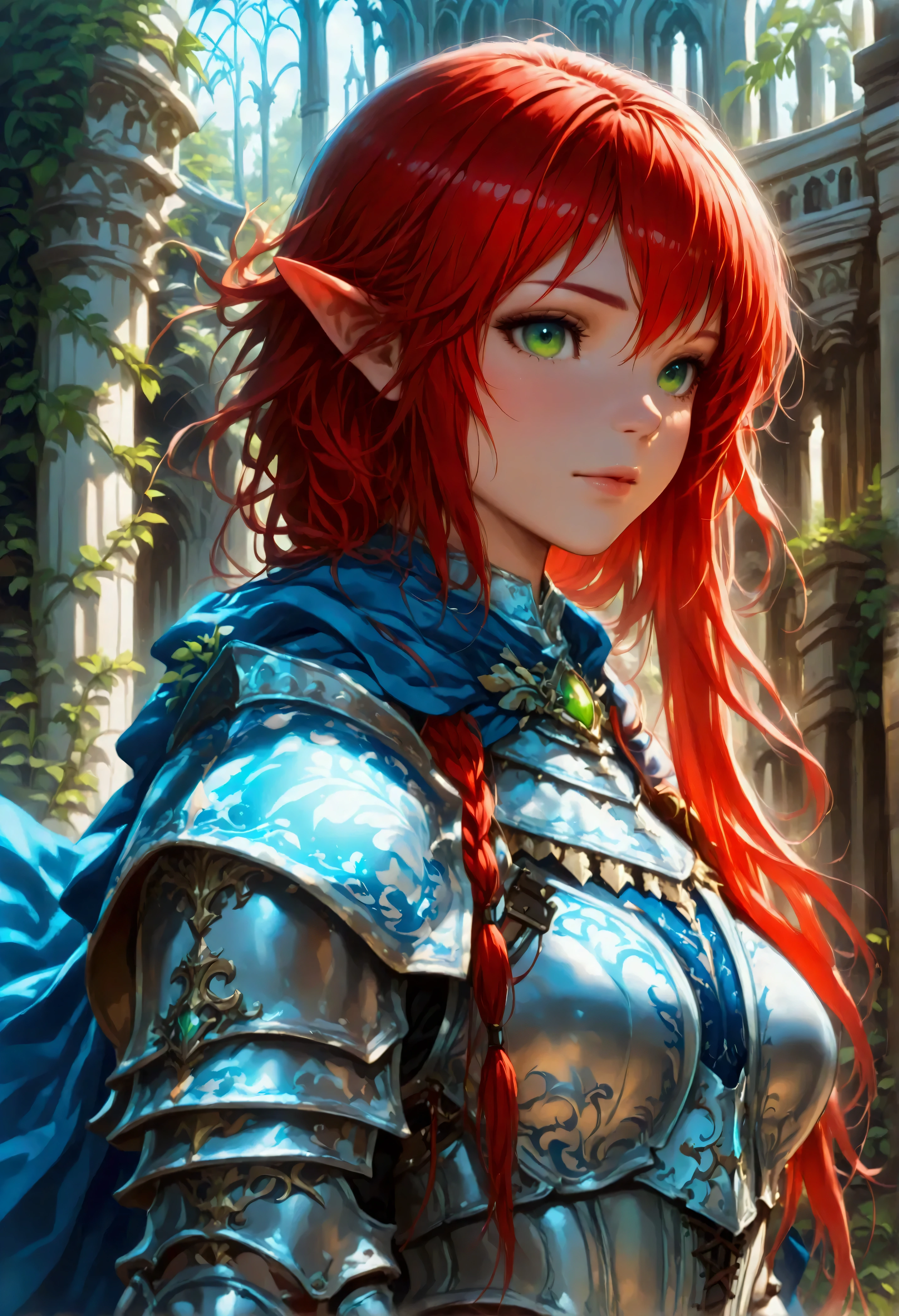 concept art, wide shot, (masterpiece:1.3), full body intense details, highly detailed, photorealistic, best quality, highres, portrait of a dwarf female (fantasy art, Masterpiece, best quality) , intense details facial details, (fantasy art, Masterpiece, best quality)cleric, with a long red hair, intense green eyes, (fantasy art, Masterpiece, best quality), wearing heavy white half plate mail armor, wearing high heeled laced boots, wearing a blue cloak within fantasy temple background