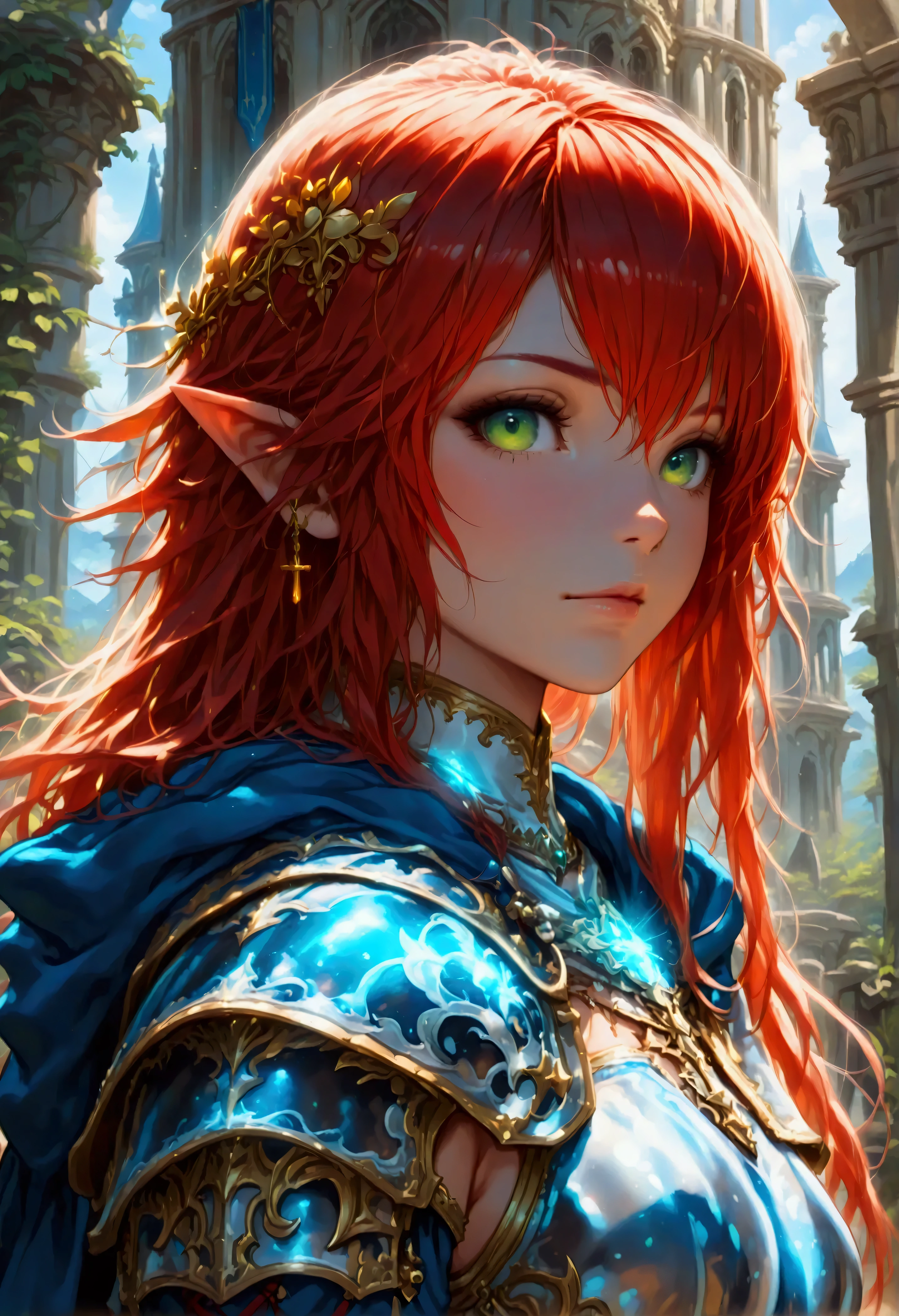 concept art, wide shot, (masterpiece:1.3), full body intense details, highly detailed, photorealistic, best quality, highres, portrait of a dwarf female (fantasy art, Masterpiece, best quality) , intense details facial details, (fantasy art, Masterpiece, best quality)cleric, with a long red hair, intense green eyes, (fantasy art, Masterpiece, best quality), wearing heavy white half plate mail armor, wearing high heeled laced boots, wearing a blue cloak within fantasy temple background