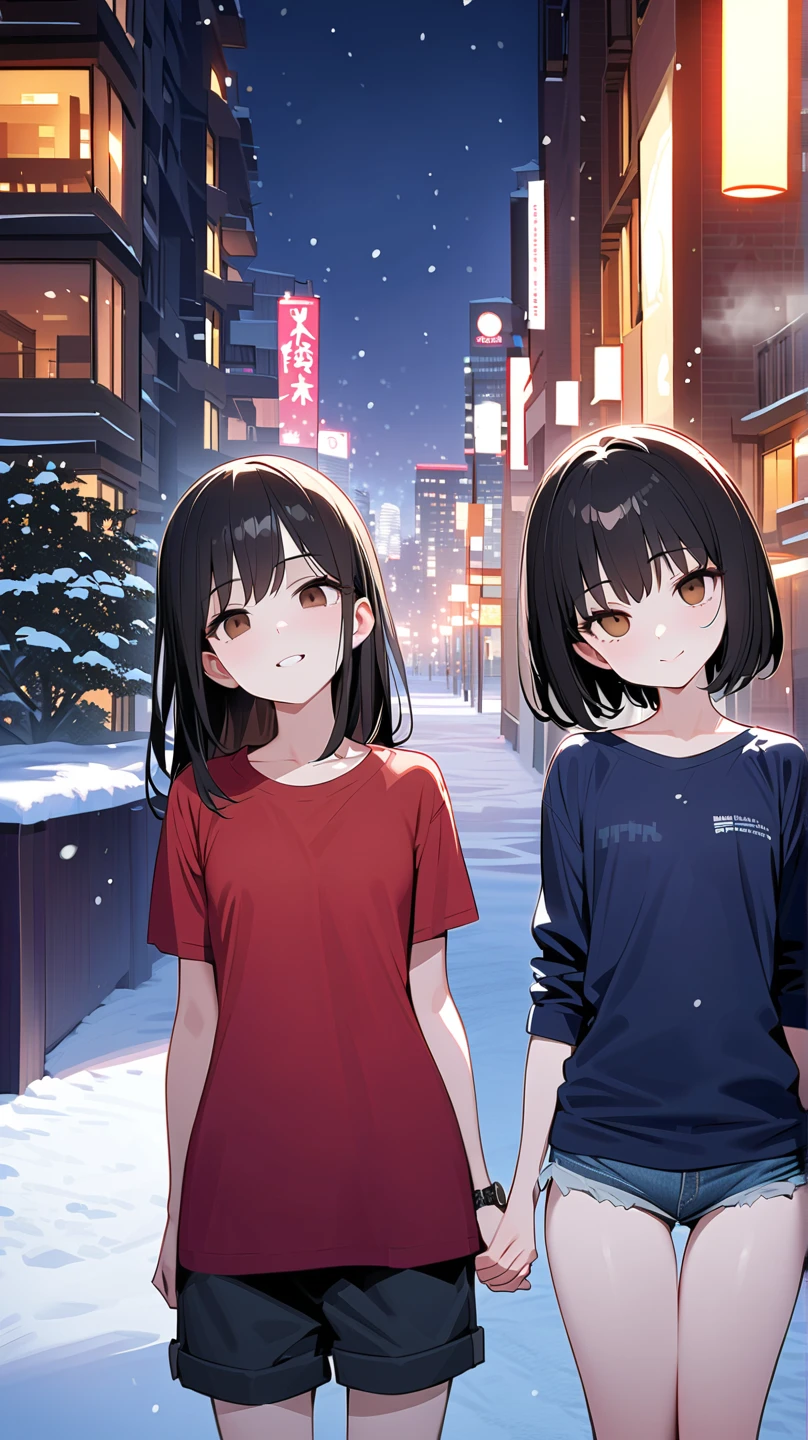 ((((Masterpiece,  best quality, Super high resolution)))),  1 girl,  is standing,  casual clothes,  loose t-shirt ,  loose shorts, ( Black Hair, dark  Black Hair in face),  long haircut,  blue-white skin, ((brown eyes)), Shine_ blue eyes, (ultra detailed eyes:0.7,  beautifully detailed face , detailed eyes:0.9), ((Center)), smile, (( wide shot)),  with little pubic hair, ((vibrant background, snowy landscape, Cityscape, snowing, snow)),  flat chest,  Watch Viewers , ((half closed 目)), ((perfect hand)), (((head:1, arms, hips  visible , Elbow,  visible ))), (( turn hands to back )), empty eyes,  beautiful lighting arranged in an orderly manner, outside, 屋outside, background,   predefined subject  , Age 25, (head tilt), (((nice)))