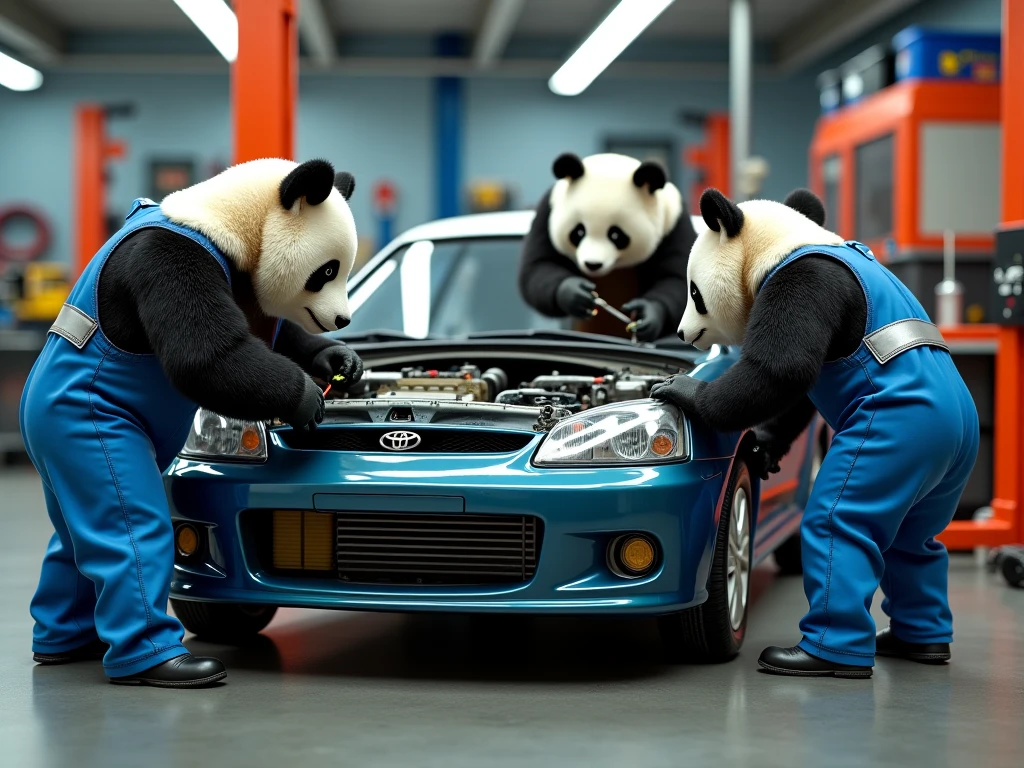 photorealistic,(Panda car repair shop ),( a team of panda workers changing car parts with tools in their hands at the car repair shop),( all panda workers wear blue hanging pants ),