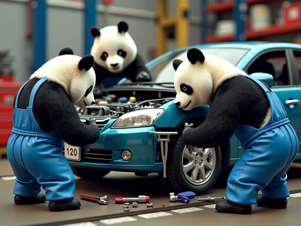 photorealistic,(Panda car repair shop ),( a team of panda workers changing car parts with tools in their hands at the car repair shop),( all panda workers wear blue hanging pants ),