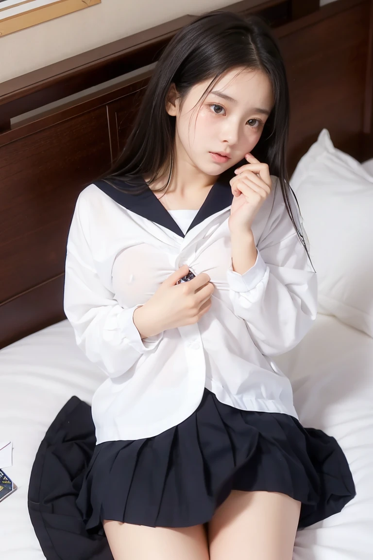 ulzzang-6500-v1.1, (Raw photo:1.2), (Photorealism), Beautiful detailed girl, Very detailed eyes and face, Beautiful detailed eyes, Huge file size, (Big), High Resolution, Very detailed, Best quality, [Masterpiece:1.6], [JK Uniform], Illustration, Very detailed, CG, Fine detail, Best quality, Very detailed CG uniform 8k wallpaper, Movie Lighting, 1 girl, 17 years old, cute Japan high school girl, perfect figure, [white school blouse unbuttoned, bra visible], large taut breasts, [huge breasts, heavy breasts, H cup: 1.9], cute droopy eyes, beautiful big eyes, no bra, sweaty and wet, [sexual arousal: 1.1], lying in bed: 1.5], hands raised, school uniform ribbon around neck, smile, (the whole body is wet), shining eyes, big breasts, big, big, head on pillow, stomach, button open