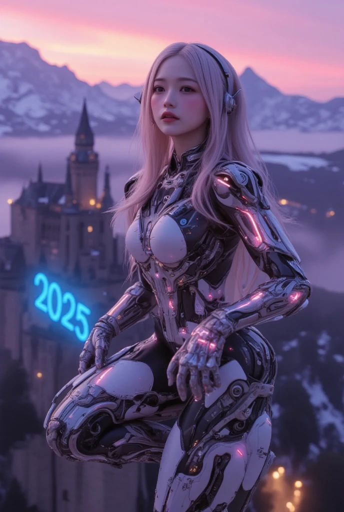 ultra-realistic, photorealistic, dramatic scene, shadow, global-illumination, solo, perfect anatomy, perfect fingers, (teenage Japanese famous idol girl but cyborg), very beautiful with very cute face, detailed face skin texture, (modern maid but futuristic cyborg), intricated complex cyber punk mechanical neon cyber cyborg body, (her cyborg body is fully covered with extremely detailed futuristic mechanical armored suits), absolutely complex futuristic cyborg body, neon markers are integrated in her body, head gear, (very large breasts), slim waist, She is flying in the air in front of the old European castle, she is flying in the sky using mini rocket thruster on her back, (the projection mapping of the words "2025" are projected on the castle with blue laser), beautiful new year's sunrise from the snow mountain, purple with pink, dynamic angle