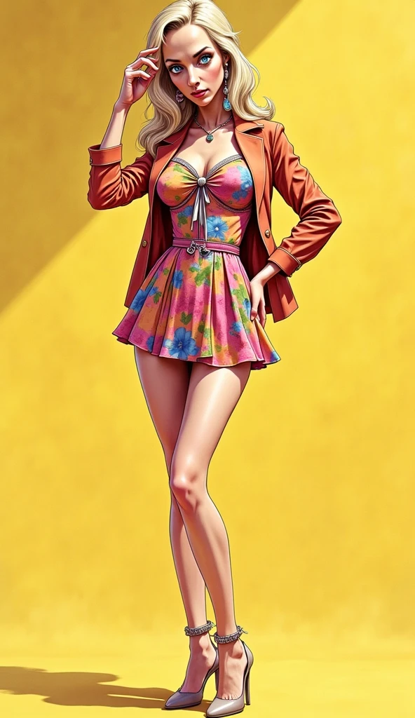 woman painting pinup style, Vergas style, hyper realistic, multi layer painting, with shiny socks, high heels and flowing long hair