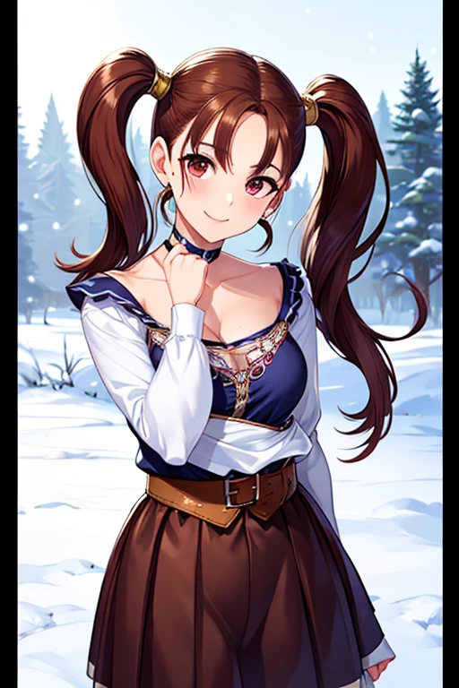 Jessica,  shiny maroon hair,  twin tails, ( beautiful brown eyes、 center split)、smile、 super detailed eyes、 Highly Detailed Faces ,  highly detailed eyes ,cowboy shot,、(Alone,  one girl)、 ,Master Piece,  top quality ,  high res, masterpiece , 





美しいsmileと歯を見せてのsmile,  has a small brown mole above her left lip . She has no sleeves on her white ,  a tight blouse that reveals her C-cup chest silhouette .,  blouse .  The girl has snow-white skin .  wears a short dark blue skirt that highlights her beautiful legs.. 