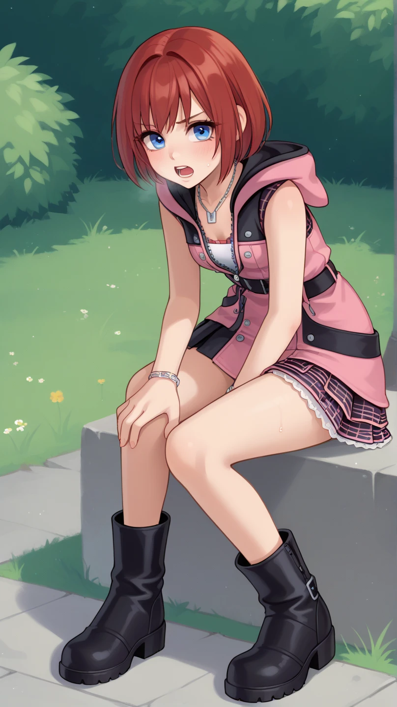 score_9, score_8_up, source_anime, highly detailed, 1girl, solo,
kairi, 1girl, solo, blue eyes, zipper, jewelry, boots, dress, necklace, short hair, red hair, pink dress, zipper pull tab, pleated dress, short dress, upper body,
outdoor, hands on knees, out of breath, sweaty, frustrated expression,  open mouth, bending over pose 