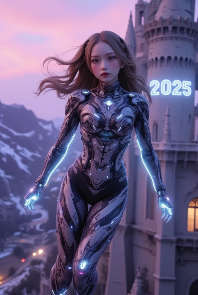 ultra-realistic, photorealistic, dramatic scene, shadow, global-illumination, solo, perfect anatomy, perfect fingers, (teenage Japanese famous idol girl but cyborg), very beautiful with very cute face, detailed face skin texture, (modern maid but futuristic cyborg), intricated complex cyber punk mechanical neon cyber cyborg body, wearing a beautiful lace, (her cyborg body is fully covered with extremely detailed futuristic mechanical armored suits), absolutely complex futuristic cyborg body, neon markers are integrated in her body, head gear, (very large breasts), slim waist, She is flying in the air in front of the old European castle, she is flying in the sky using mini rocket thruster on her back, (the projection mapping of the words "2025" are projected on the castle with blue laser), beautiful new year's sunrise from the snow mountain, purple with pink, dynamic angle, dynamic flying pose