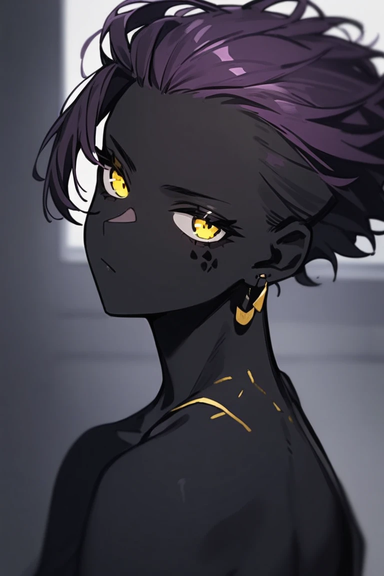 1 girl, Dark lilac hair ,  yellow eyes , black skin,  has short hair with shaved sides,  has a birthmark on the eye 