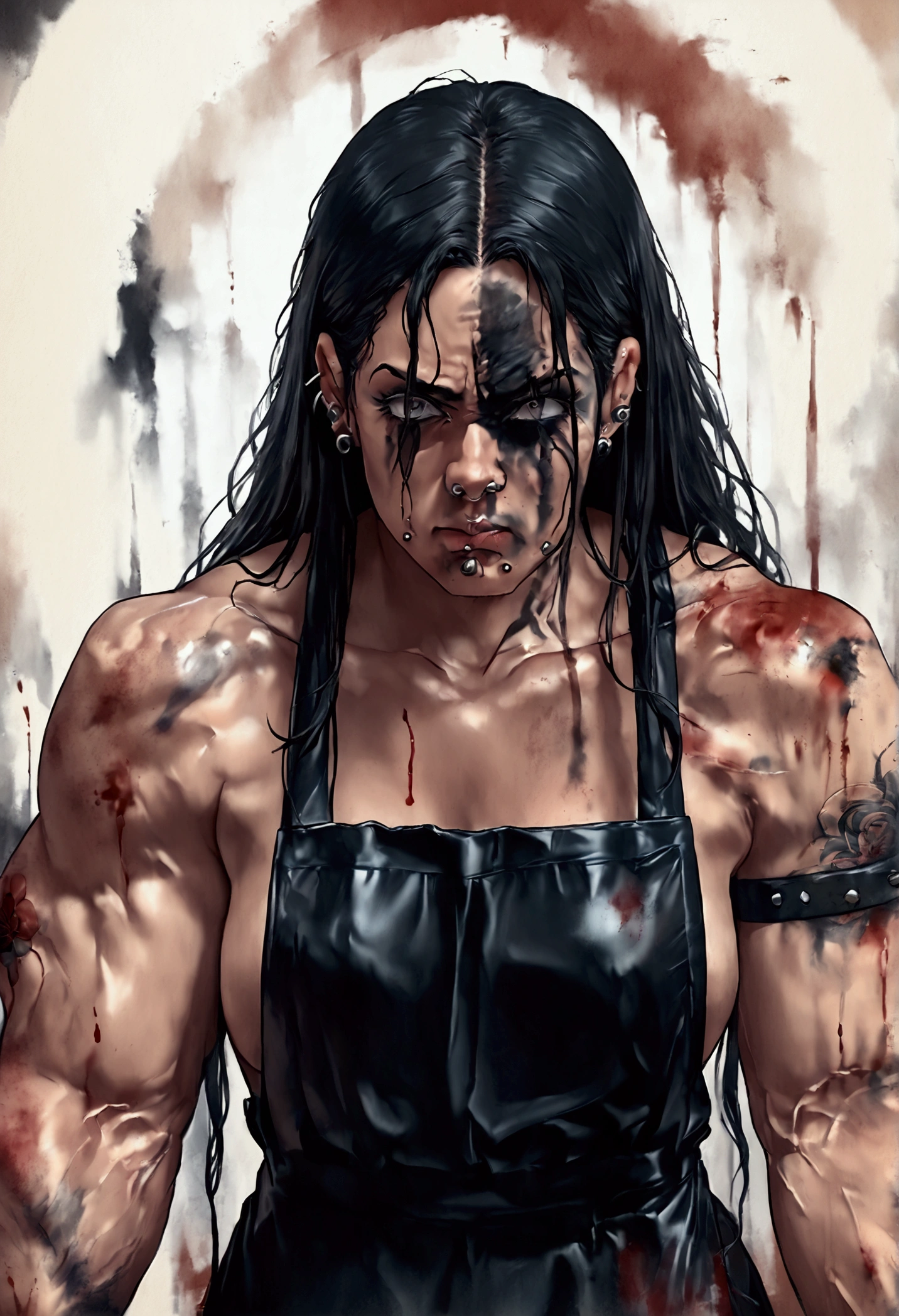 photorealistic muscular man, detailed tattoos covering skin, long wavy black hair, lower lip piercing, black gloves, black apron, intimidating expression, dark intense eyes, blood stains