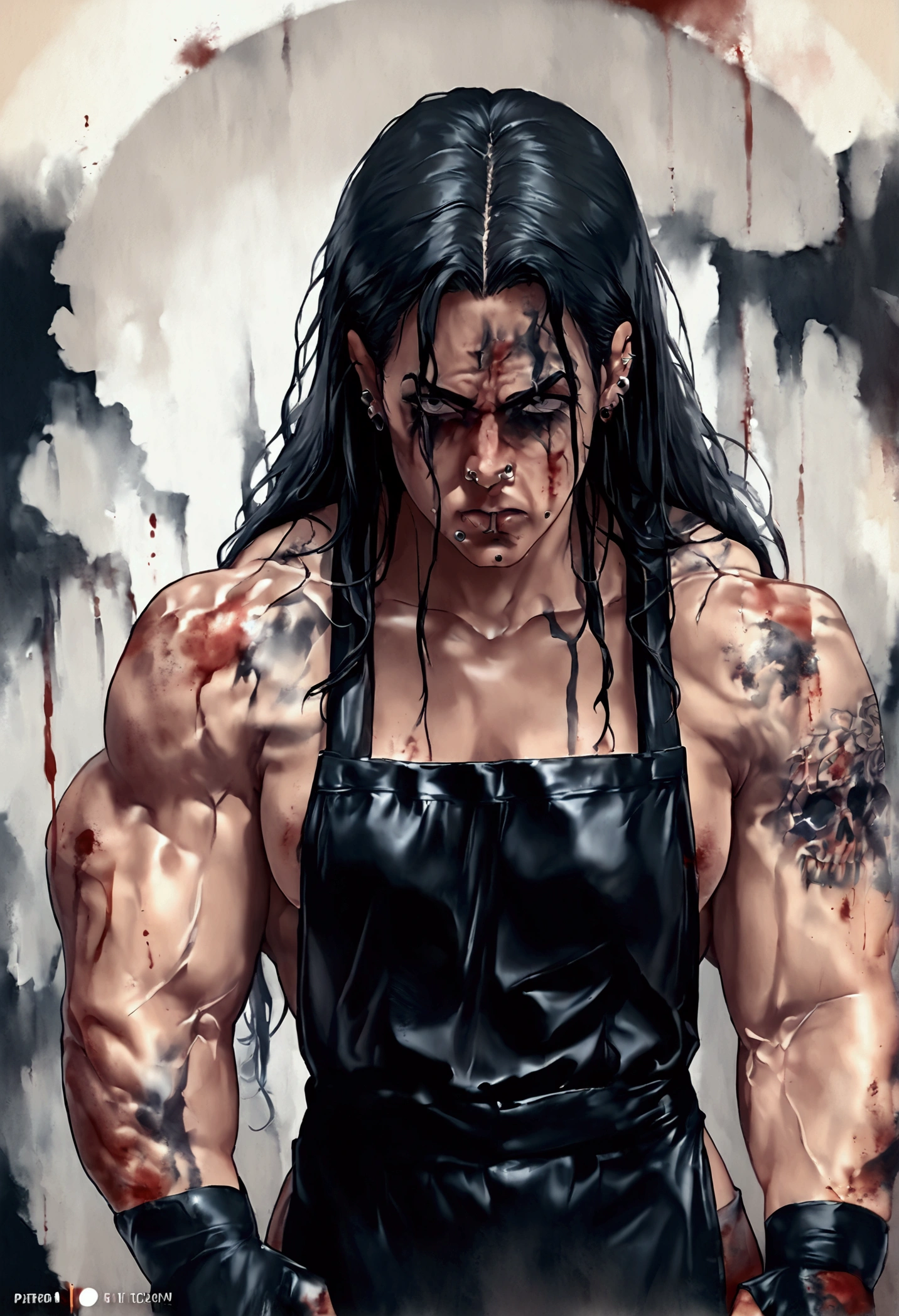 photorealistic muscular man, detailed tattoos covering skin, long wavy black hair, lower lip piercing, black gloves, black apron, intimidating expression, dark intense eyes, blood stains