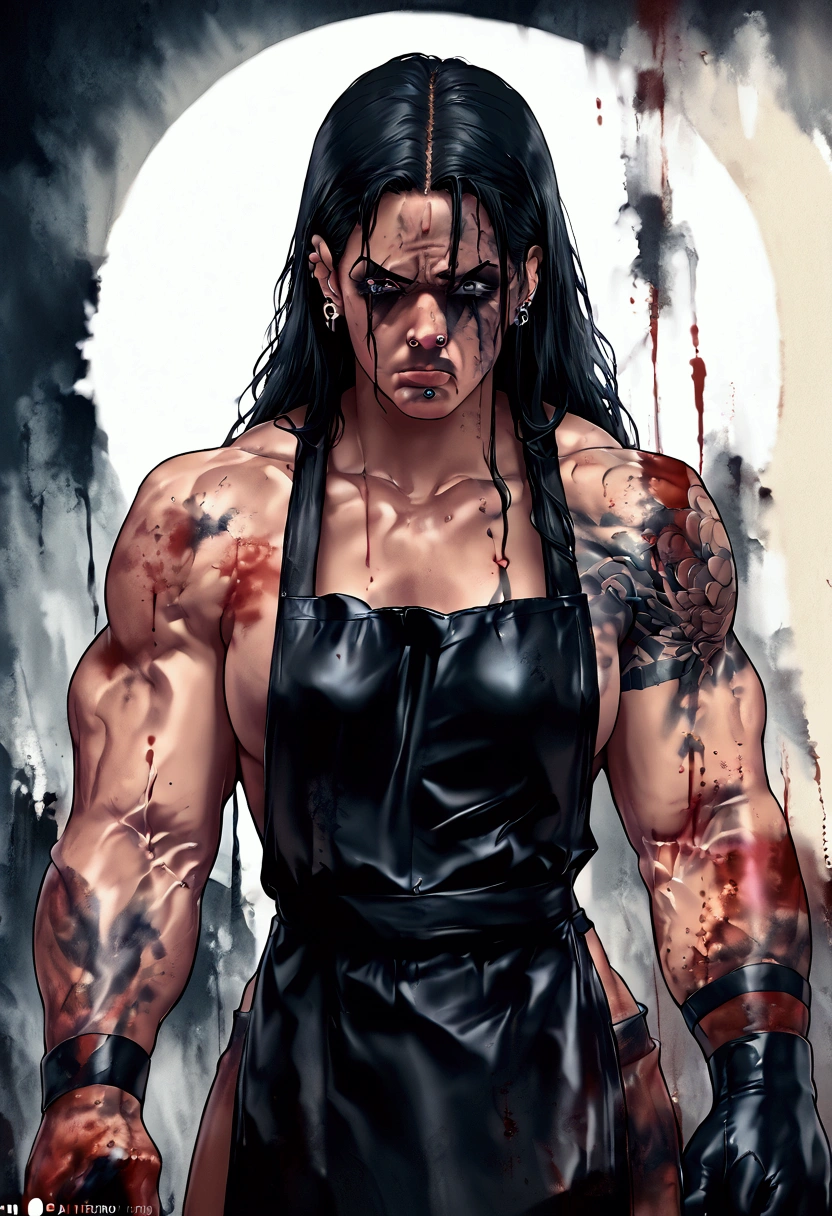 photorealistic muscular man, detailed tattoos covering skin, long wavy black hair, lower lip piercing, black gloves, black apron, intimidating expression, dark intense eyes, blood stains