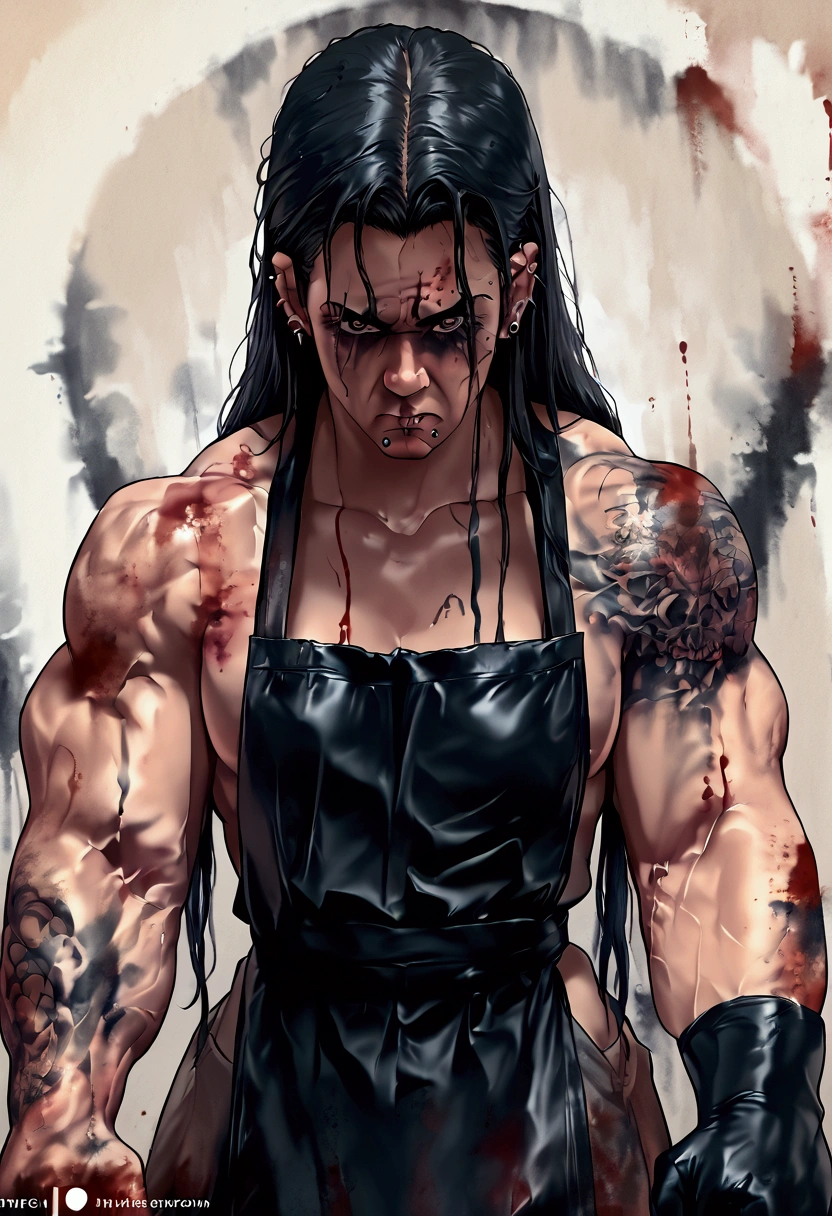 photorealistic muscular man, detailed tattoos covering skin, long wavy black hair, lower lip piercing, black gloves, black apron, intimidating expression, dark intense eyes, blood stains