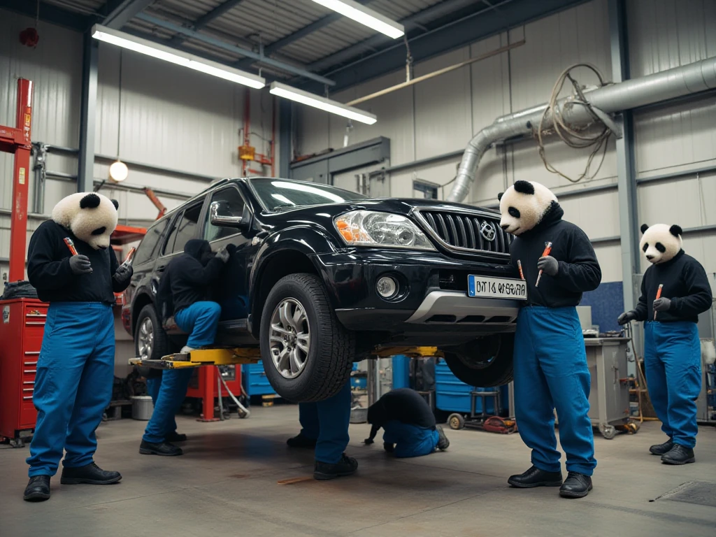 photorealistic,(Panda car repair shop ),( a team of panda workers changing car parts with tools in their hands at the car repair shop),( all panda workers wear blue hanging pants ),(A car that has been jacked up),