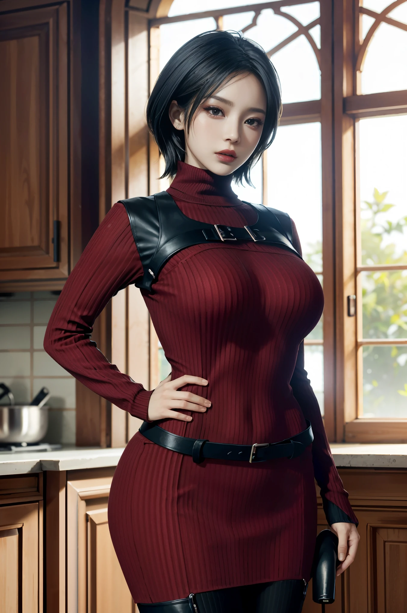 (chef-d&#39;artwork, best quality)
AdaWongRE,  1fille, seulement, seins, regarder le spectateur, cheveux courts, large seins, cheveux noirs, Gants, yeux marrons, cheveux multicolores, ceinture, cheveux bicolores, pull-over, lips, le maillot de corps, se maquiller, lipstick, ribbed pull-over, Realistic
