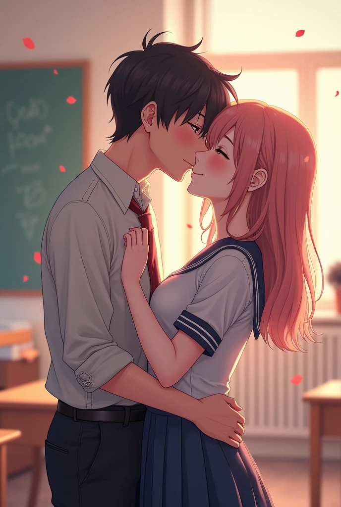 1girl and 1boy, school uniform, standing, (blush), kiss, bedroom, hug