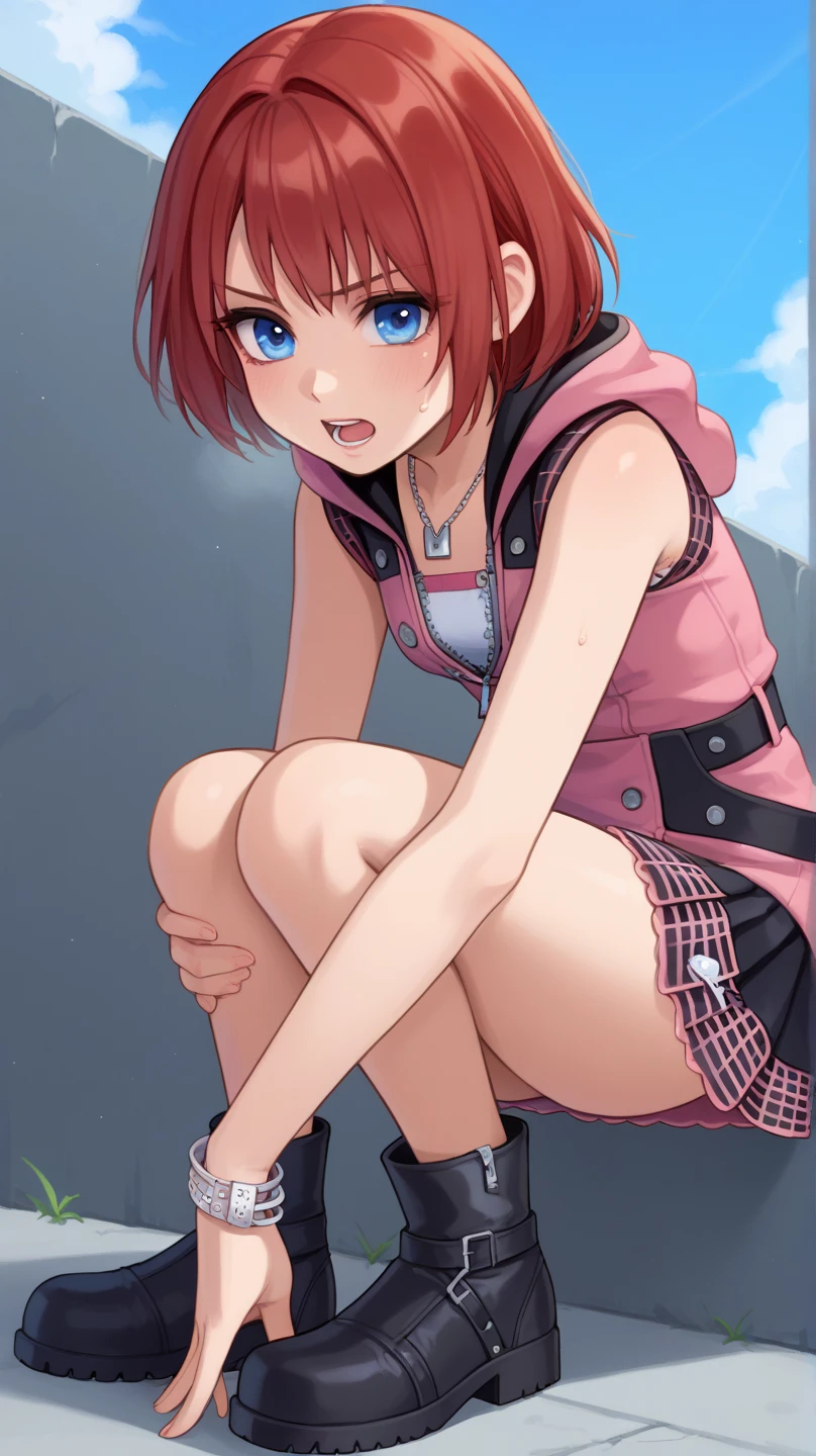 score_9, score_8_up, source_anime, highly detailed, 1girl, solo,
kairi, 1girl, solo, blue eyes, zipper, jewelry, boots, dress, necklace, short hair, red hair, pink dress, zipper pull tab, pleated dress, short dress, upper body,
outdoor, hands on knees, out of breath, sweaty, frustrated expression,  open mouth, bending over pose 