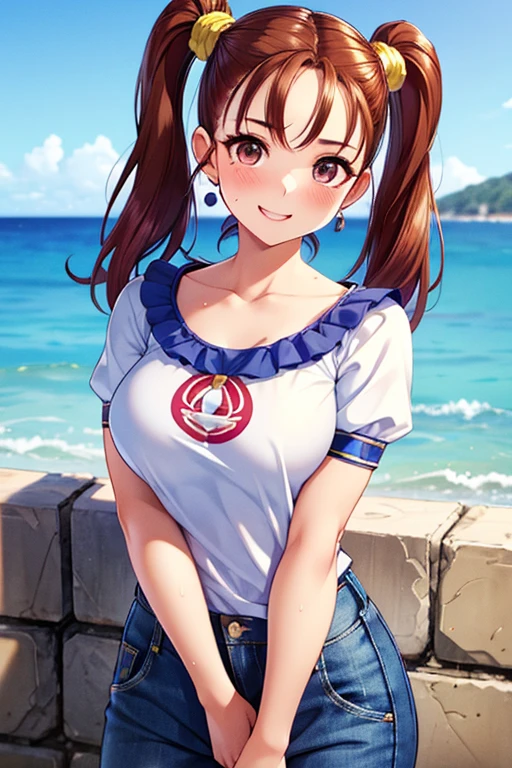 Jessica,  shiny maroon hair,  twin tails, ( beautiful brown eyes、 center split)、smile、 super detailed eyes、 Highly Detailed Faces ,  highly detailed eyes ,cowboy shot,、(Alone,  one girl)、 ,Master Piece,  top quality ,  high res, masterpiece , 
nsfw,




Oil、masterpiece、 top quality 、 high res、Bright woman、Laughter、
yellowＴ shirt、 Denim Hot Pants、Sweaty skin、The seaside looks fun 、 blue sky、 jumping 、Light clothing、 big eyes、Big Mouth 、White teeth、floral scrunchies、 Fashionable ２０ talented woman 、Short sleeveＴ shirt