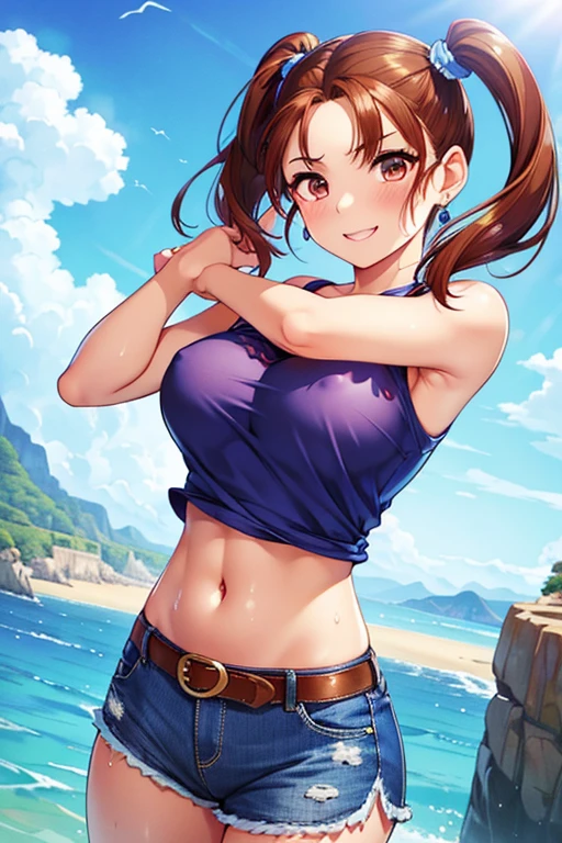 Jessica,  shiny maroon hair,  twin tails, ( beautiful brown eyes、 center split)、smile、 super detailed eyes、 Highly Detailed Faces ,  highly detailed eyes ,cowboy shot,、(Alone,  one girl)、 ,Master Piece,  top quality ,  high res, masterpiece , 
nsfw,




Oil、masterpiece、 top quality 、 high res、Bright woman、Laughter、
yellowＴ shirt、 Denim Hot Pants、Sweaty skin、The seaside looks fun 、 blue sky、 jumping 、Light clothing、 big eyes、Big Mouth 、White teeth、floral scrunchies、 Fashionable ２０ talented woman 、Short sleeveＴ shirt