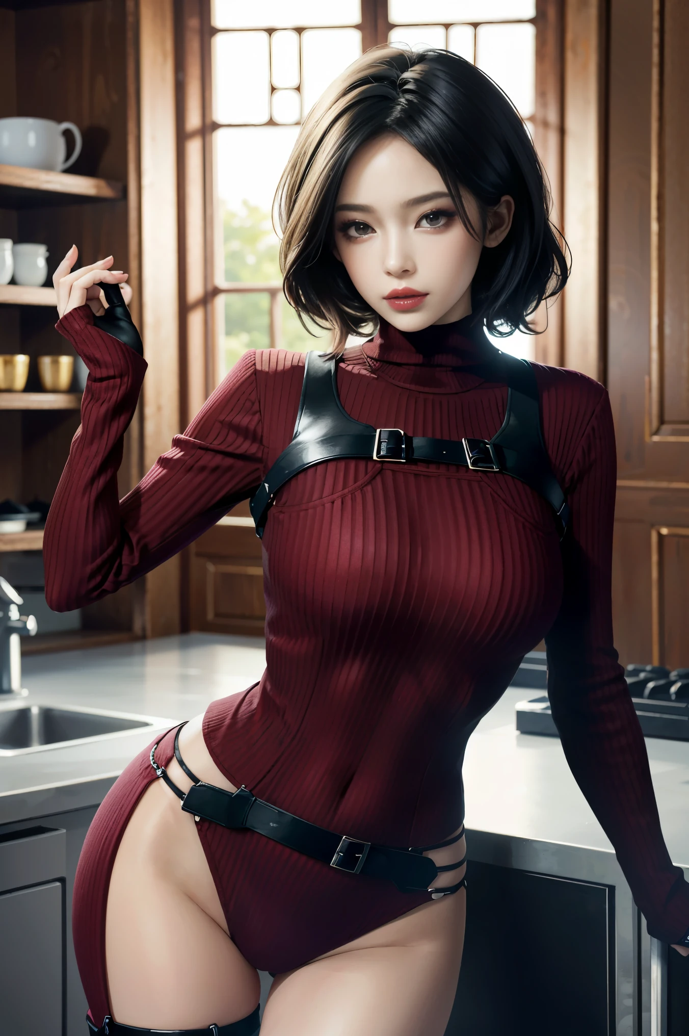 (chef-d&#39;artwork, best quality)
AdaWongRE,  1fille, seulement, seins, regarder le spectateur, cheveux courts, large seins, cheveux noirs, Gants, yeux marrons, cheveux multicolores, ceinture, cheveux bicolores, pull-over, lips, le maillot de corps, se maquiller, lipstick, ribbed pull-over, Realistic
