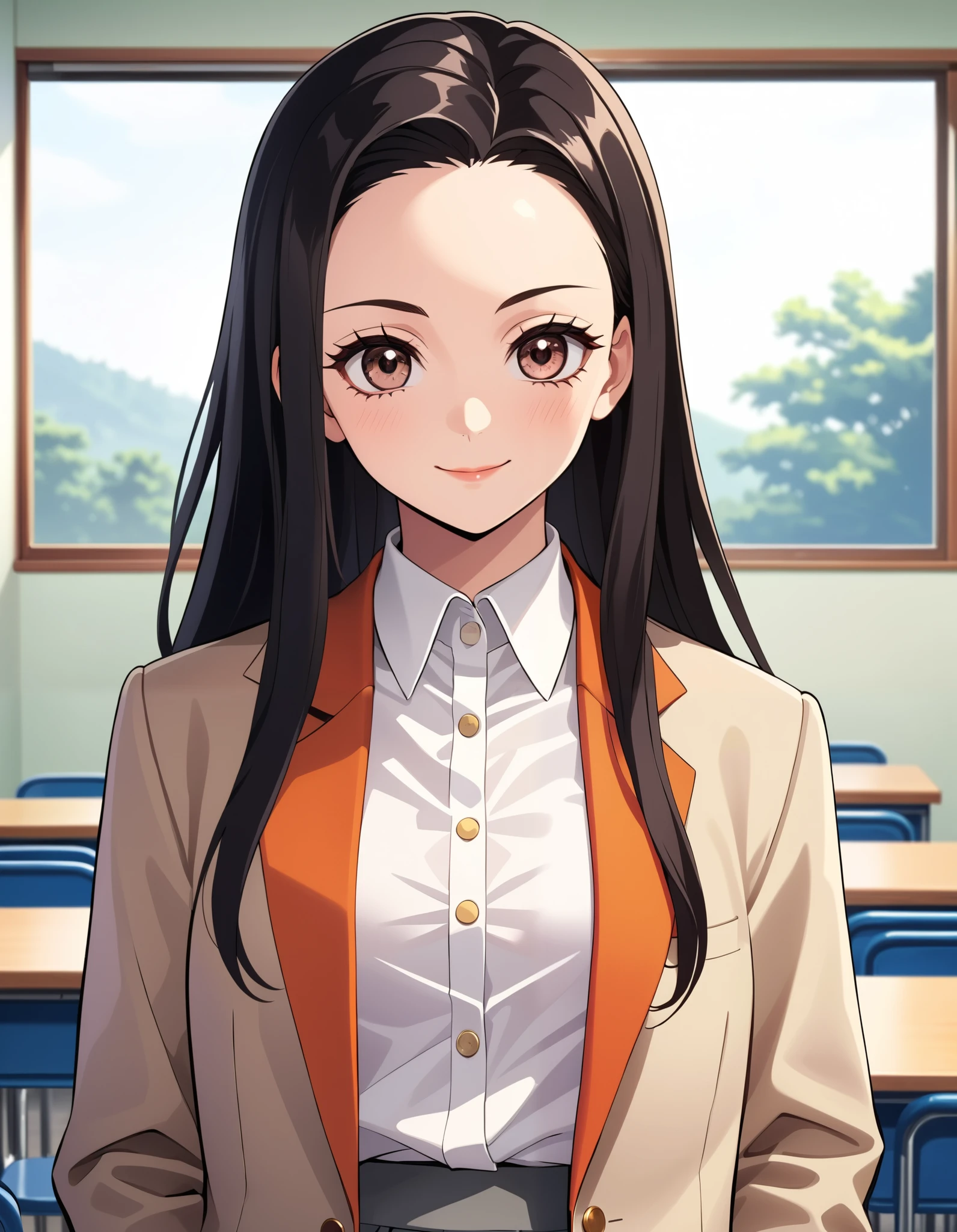 score_9, score_8_up, score_7_up, vivid colors, (Demon Slayer, Kimetsu no yaiba style), (nezuko kamado, JK), (1girl, solo), upper body, (black long hair, smooth straight hair, asymmetrical parting hair:1.1), forehead, (dark brown eyes:1.1), (white shirt, ladies suit wear, gray jacket, gray skirt), smile, looking at viewer, (standing in the school class room)