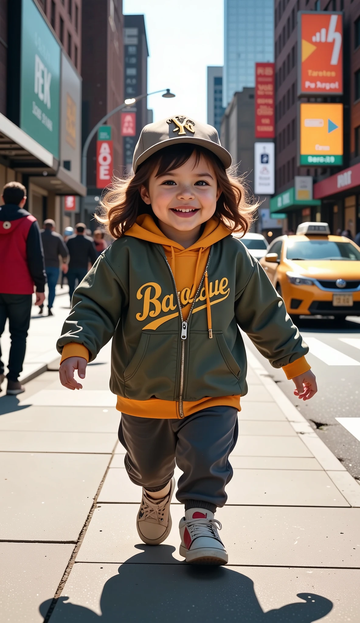 "Ultra-realistic 3D image of a beautiful and cute Argentine baby girl, smiling joyfully as she walks confidently along a New York City sidewalk. She is dressed in a stylish American rapper-inspired outfit, featuring a trendy oversized hoodie, baggy pants, fashionable sneakers, and a cool cap. Her playful expression and confident stride capture her charm as she moves through the bustling city streets, with iconic skyscrapers, yellow cabs, and energetic crowds in the background. The vibrant urban atmosphere is captured in stunning 8K resolution, highlighting the baby girl’s fashionable and fun style."
