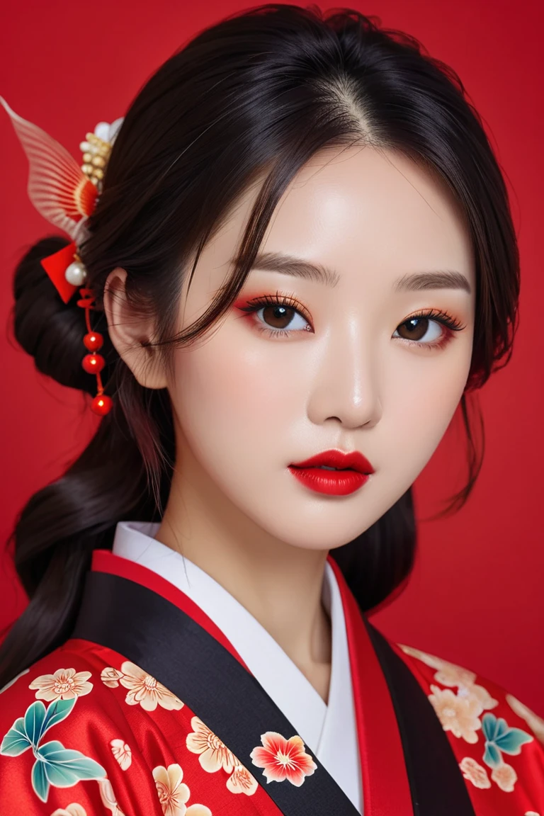  Attractive and beautiful Oriental woman's face , Bright red lipstick ,  Highly saturated red makeup ,  Kimono-like Hanbok pattern , 검 uses a lot of red color in the background 함 얼굴에 비치는 나뭇잎 그림자 무늬,  face frontal photoshoot 
Black on the picture,  uses a lot of red color in the background ,  goldfish pattern , Trendy photo 