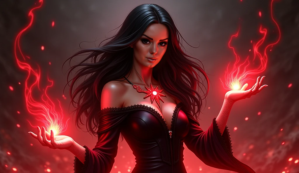 Mulher de cabelos pretos, ondulados ,inquisition witch with big eyes and dark background, como se estivesse pegando fogo