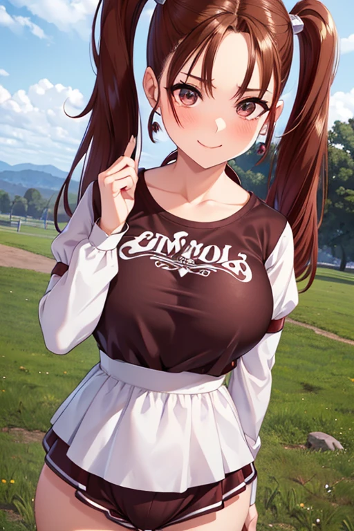 Jessica,  shiny maroon hair,  twin tails, ( beautiful brown eyes、 center split)、smile、 super detailed eyes、 Highly Detailed Faces ,  highly detailed eyes ,cowboy shot,、(Alone,  one girl)、 ,Master Piece,  top quality ,  high res, masterpiece , 



Bloomers, gym uniform,  is standing,  cowboy shot , Outdoor,  ahehe,nsfw,