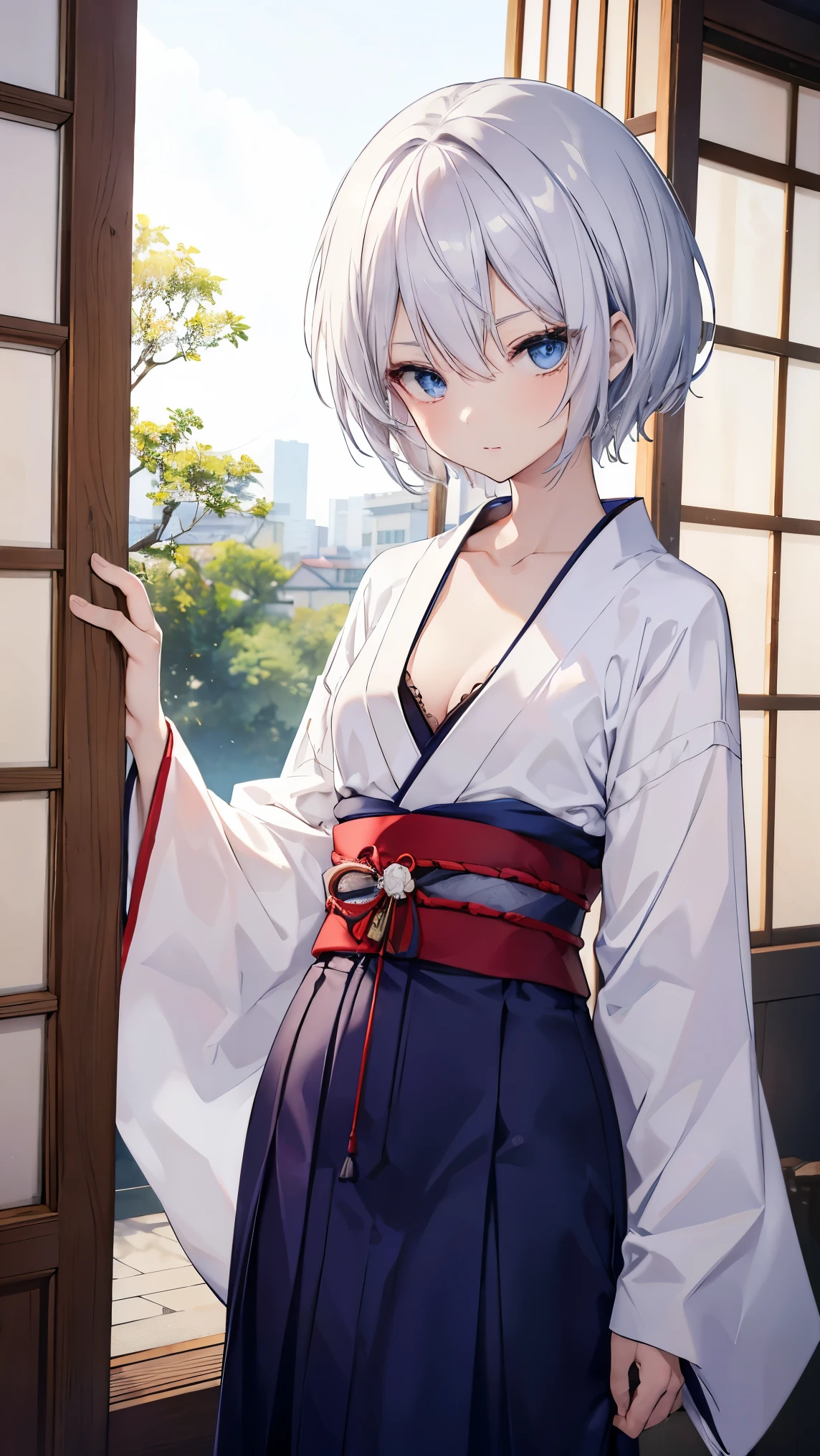 High resolution、Girl、Silver Hair、short hair、Fox Ears、blue eyes、Slender、Small breasts、Shrine maiden,Scarlet Hakama,torii,summer,７moon,Sweat,blue sky