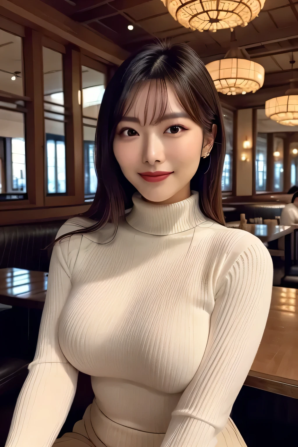 (masterpiece, best quality:1.2), beautiful Asian woman, sitting across the table, smiling softly, wearing a black turtleneck sweater, large chest, elegant pose, detailed facial features, natural skin texture, sharp and detailed panoramic view of city lights through large windows, dimly lit restaurant interior, warm and soft ambient lighting, romantic atmosphere, photorealistic