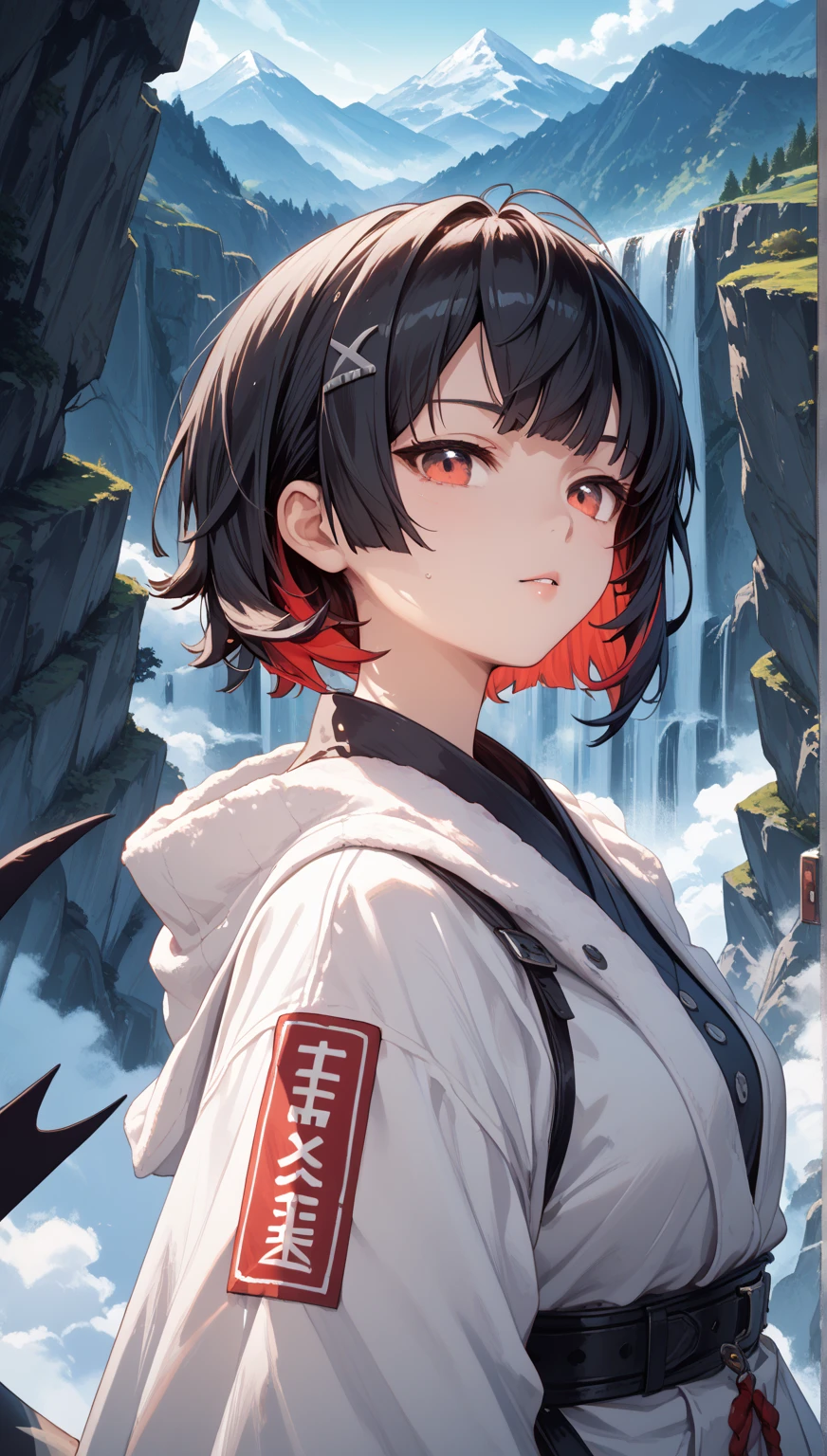  Great painting ，  heavy mountains ，， Anime numbers ，  4k anime background ，soft light， Glowing skin， unique ， anime girl ，，The body is compressed  ， Black hair，  short hair Ombré ， He wears a white towel  ，  red eyes ，  the tail of a black shark，Bathroom background