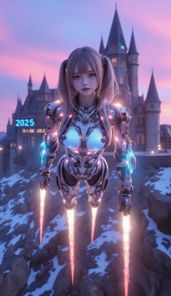 ultra-realistic, photorealistic, dramatic scene, shadow, global-illumination, solo, perfect anatomy, perfect fingers, (teenage Japanese famous idol girl but cyborg), very beautiful with very cute face, detailed face skin texture, (modern maid but futuristic cyborg), intricated complex cyber punk mechanical neon cyber cyborg body, (her cyborg body is fully covered with extremely detailed futuristic mechanical armored suits), absolutely complex futuristic cyborg body, neon markers are integrated in her body, head gear, (very large breasts), slim waist, She is flying in the air in front of the old European castle, she is flying in the sky using mini rocket thruster on her back, The rocket on her back that emits a fierce flame, (the projection mapping of the words "2025" are projected on the castle with blue laser), beautiful new year's sunrise from the snow mountain, purple with pink, dynamic angle, acrobatic flying pose