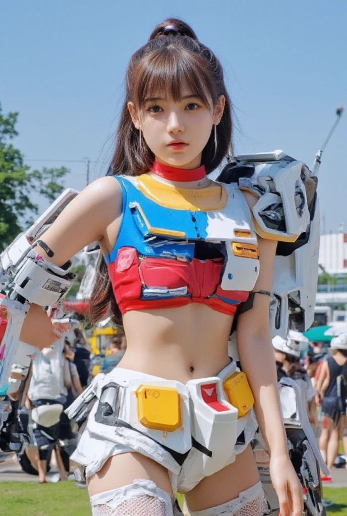 One girl of 14 years old, posing for a photo, (Japan beautiful girls), (micro bikini), (beautiful girl), (slim with small face), (medium breasts), good hands, 4K, high resolution, masterpiece, top quality, head: 1.3, (Hasselblad photo)), fine skin, sharp focus, collarbone, soft lighting, [:( detailed face: 1.2):0.2], ( At the disaster prevention park cosplay venue outside Makuhari Messe), outside, delicate body, small hips, thin waist, top quality, nose with straight nose, slender, thigh gap, petite figure, (white, blue, red, yellow, color micro bikini type mecha armor), (Gundam style cosplay), (small shoulder mecha armor) (thigh: 0.1), thin waist, thin lips, (shoulder width: 0.07), beautiful face, (waist:0.07), (neck: 0.001), (greater trochanter: 0.09), (anterior iliac spine: 0.008), (torso length: 4), (on clothes: 3), (arm span: -2), full body, standing,