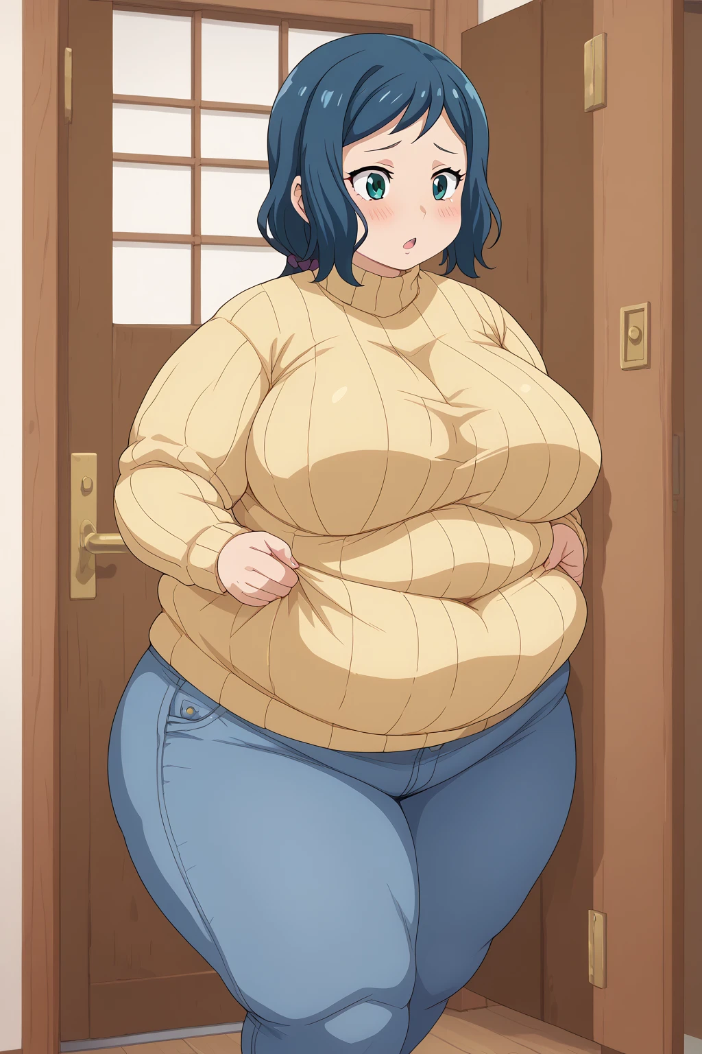  Iori Rinko, Rinko Iori,　 yellow sweater, Navy blue jeans ,Obese middle-aged woman, troubled expression, embarrassing expression ,milf, chubby,living, score_9,  score_8_ up、 score_7_ up、 score_6_ up、 score_5_ up、 score_4_ up、 masterpieces at the front door of the house、 top quality , A beautiful woman with an obese figure,  absurd、 Source_ anime anime screencap,  one woman、Alone、 personal  、Super huge breasts,  super huge clevis、Super huge, Super huge boob,Curvy、 wide hips、