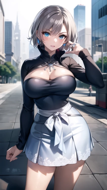 best quality,masterpiece,8k wallpaper,absurdres, highres, ultra detailed, (1 young beautiful girl, solo:1.1), yuna (ff10),heterochromia, green eyes,  brown hair, long hair, blue eyes, jewelry, ring,drcityscape, skyscraper,east_asian_architecture, street,BREAK, dress like Weiss from Rwby, Cosplaying like Weiss from Rwby, Huge breasts