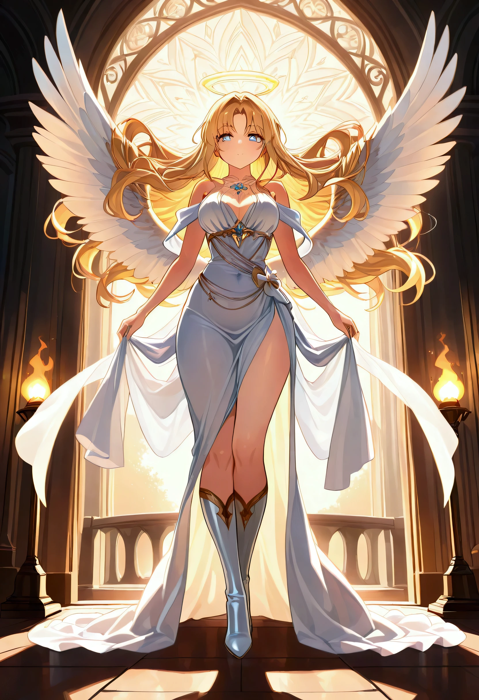 Arafed, a picture of a female angel in high society prom event, divine beautiful female angel, blond hair, long hair, flowing hair, the hair glows in a soft light, cerulean eyes, deep light eyes, divine beautiful face, folded white feather wings, she wears a red evening dress, elegant, intricate detailed dress, silk dress, she wears elegant high heeled boots, exquisite high heeled boots, she stands on the porch of a fantasy castle, dynamic angle, soft torch light, (Masterpiece: 1.5), 16k, highres, best quality, high details, ultra detailed, masterpiece, best quality, (extremely detailed), AngelStyle, GlowingRunesAI_paleblue, Angels Elemental, bj_Devil_angel