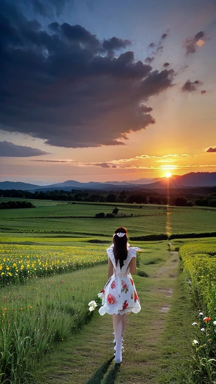 Woman, colorful dress, field of flowers, sunset, epic smooth illustration, rainbows, female ascending, sky, 16 colors, vibrant world, official print