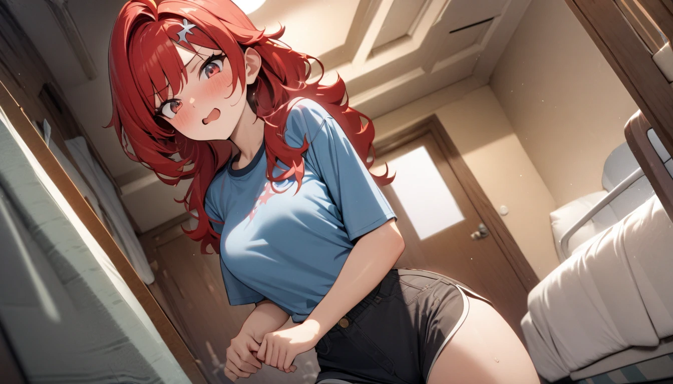 room, 1 Girl, Highest quality, Ultra-high resolution, Long Hair, Redhead, Green Eyes,Looking at the audience, Small breasts , Shy face、Watery eye, Open your mouth、Cowboy Shot、(Navy blue cuffs and white short-sleeved gym uniform)、(Navy Blue Bloomers)、(
barefoot)、Navy blue socks、(((Lying in bed、Spread your legs wide、Sexy pose)))