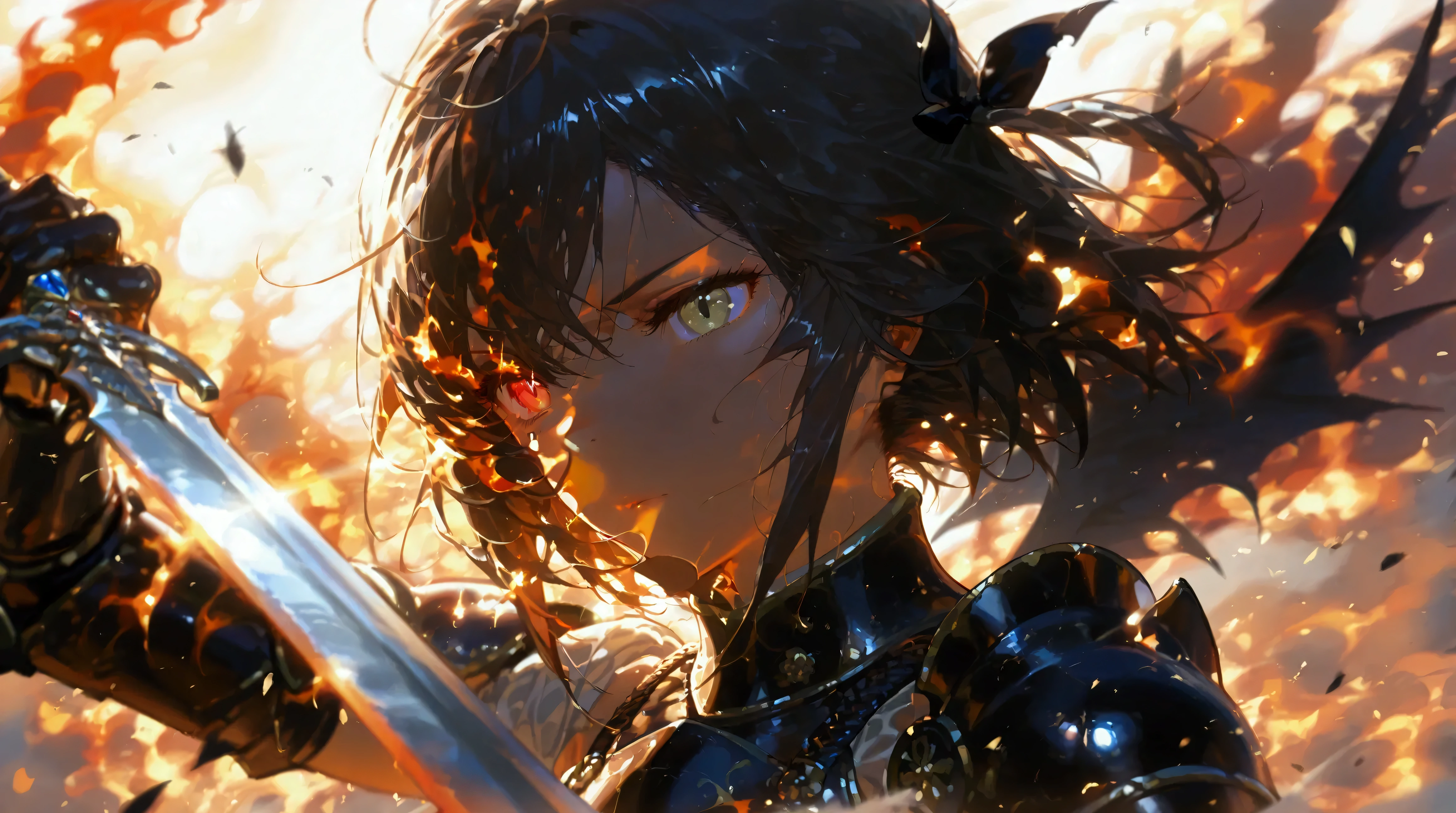 ((  super fine illustration , 8k, masterpiece :1.2,  sharp concentration  :1.2, Deep written boundary:1.2)), beautiful female swordsman ,   disorganized ,  High Definition Face and Skin Textures,  Silver Hair, Jet Black Armor, Flame Armor, Burning Cape,   Framing Sword  , Wings of Fire, Determination to overcome sadness, There&#39;There&#39;s a hint of determination in your kind eyes , Strong Soul、  Full Body Shots  