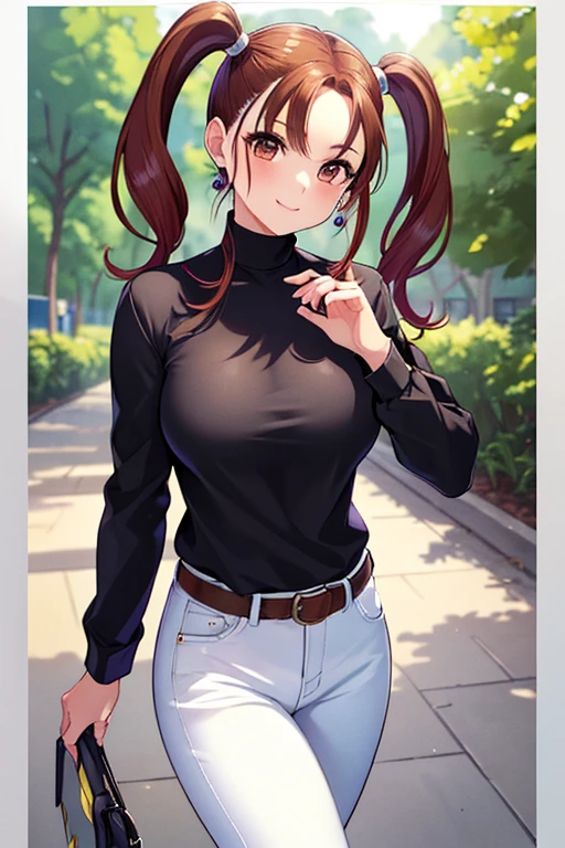 Jessica,  shiny maroon hair,  twin tails, ( beautiful brown eyes、 center split)、smile、 super detailed eyes、 very detailed顔,  very detailed目,cowboy shot,、(Alone,  one girl)、 ,Master Piece, 最 High Quality ,  high res, masterpiece , 




(masterpiece:1.2, 最 High Quality :1.1,  high res, absurd,  High Quality ),Reflected Light,  colorful , very detailedな, ,  very detailed,
最 High Quality 、masterpiece、High sensitivity、 high res、  detailed description  、 slender woman 、 slim body 、black jacket、 white t-shirt 、 denim pants、Walk happily、on a date、