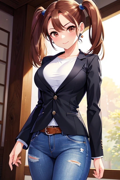 Jessica,  shiny maroon hair,  twin tails, ( beautiful brown eyes、 center split)、smile、 super detailed eyes、 very detailed顔,  very detailed目,cowboy shot,、(Alone,  one girl)、 ,Master Piece, 最 High Quality ,  high res, masterpiece , 




(masterpiece:1.2, 最 High Quality :1.1,  high res, absurd,  High Quality ),Reflected Light,  colorful , very detailedな, ,  very detailed,
最 High Quality 、masterpiece、High sensitivity、 high res、  detailed description  、 slender woman 、 slim body 、black jacket、 white t-shirt 、 denim pants、Walk happily、on a date、