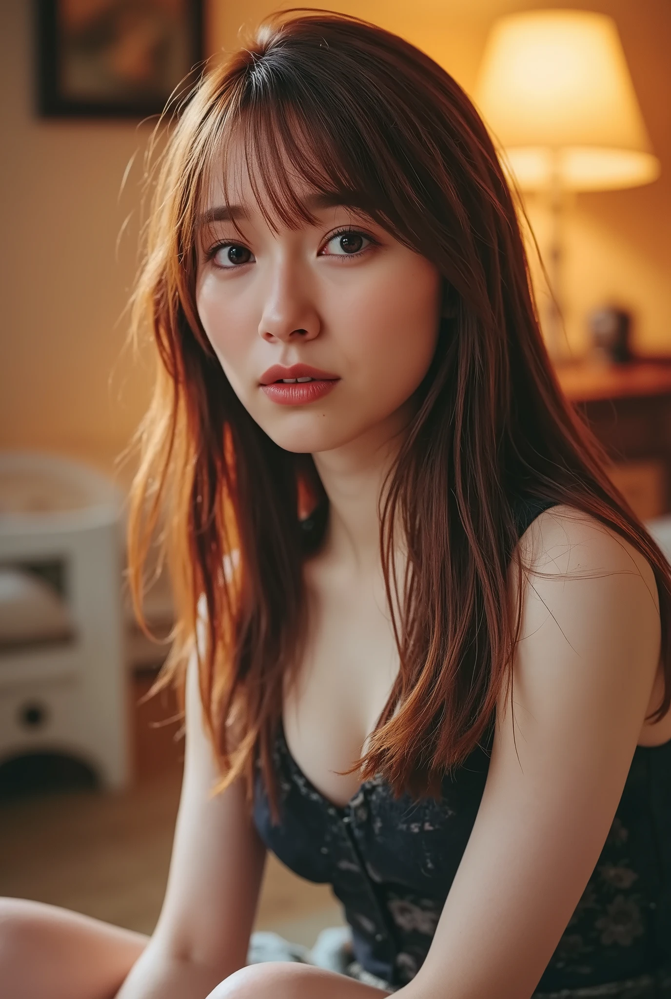 nsfw:1.2,  from below:1.4,front focus:1.5,(８ＫＲＡＷphotograph,Live Shooting,  top quality , masterpiece:1.37), Extreme light and shadow,    Full Body Shots   :1.5,   shiny maroon hair  ,   long hair, ,bangs, (  pretty and brown-eyed  、  Sparkling Eyes  , fine grain)、   super detailed eyes sandwiched between rows、  Very elaborate face  、   very detailed eyes  ,,   one girl , Alone、  masterpiece ,   cowboy shooting 、  Super high resolution,nsfw、   one girl , , (  short tank top ,   damaged denim shorts)),   white skin,( Sunset Background:1.4)