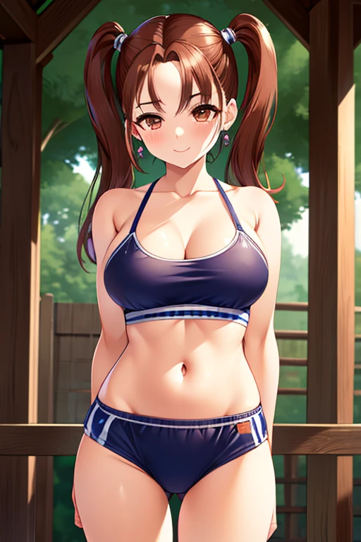 Jessica,  shiny maroon hair,  twin tails, ( beautiful brown eyes、 center split)、smile、 super detailed eyes、 Highly Detailed Faces ,  highly detailed eyes ,cowboy shot,、(Alone,  one girl)、 ,Master Piece,  top quality ,  high res, masterpiece , 



Bloomers,sports bra,  is standing,  cowboy shot , Outdoor,  ahehe,nsfw,