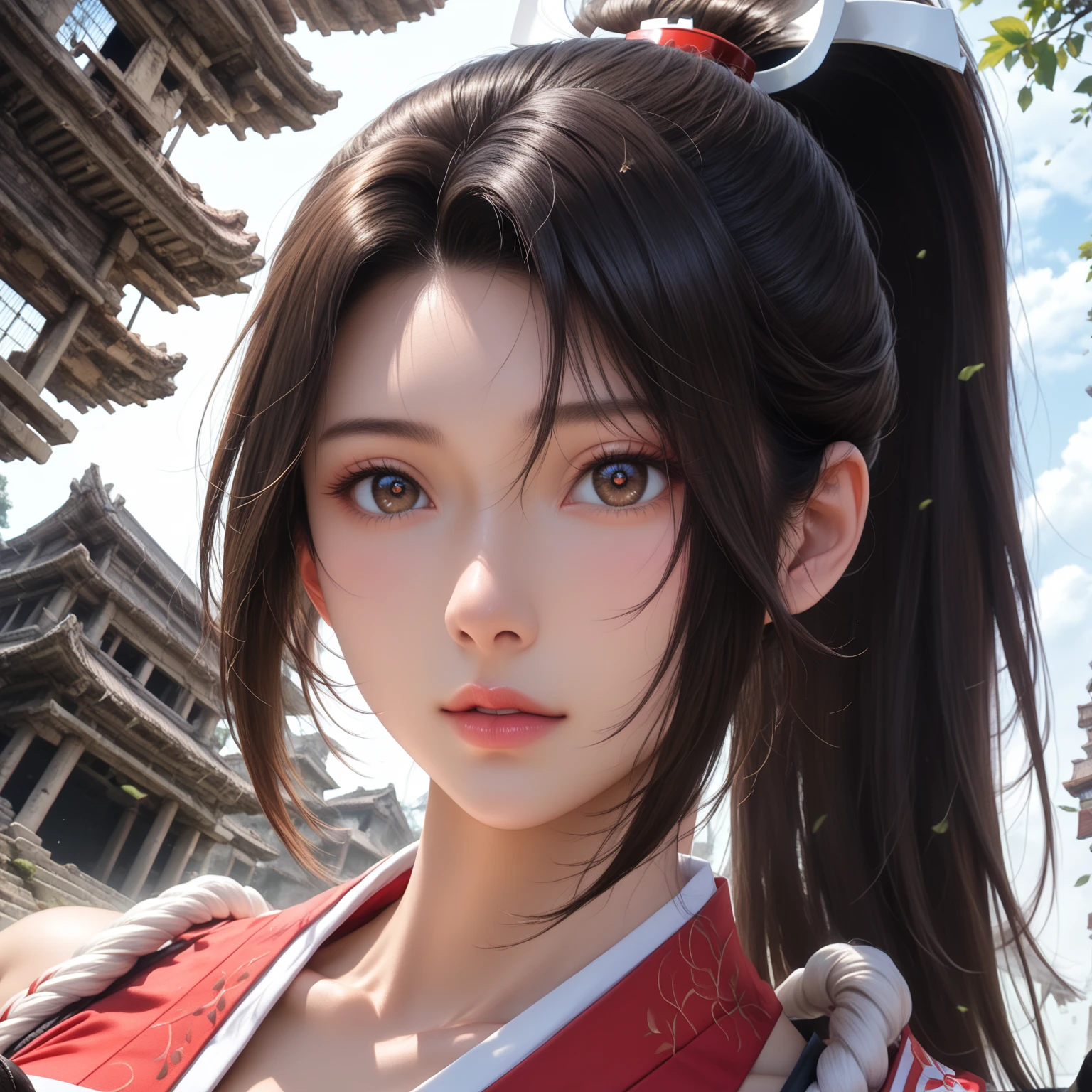 score_9,score_8_up,score_7_up,high res image,masterpiece,best quality,realistic,Mai Shiranui,(plump:1.7),(black pupil:1.2),(brown black hair:1.3),(High ponytail:1.3),(revealing japanese clothes, pelvic curtain:1.5),(horseback_riding:1.4),(building_ruins:1.3),((black_shorts:1.3)),(;d:1.4),