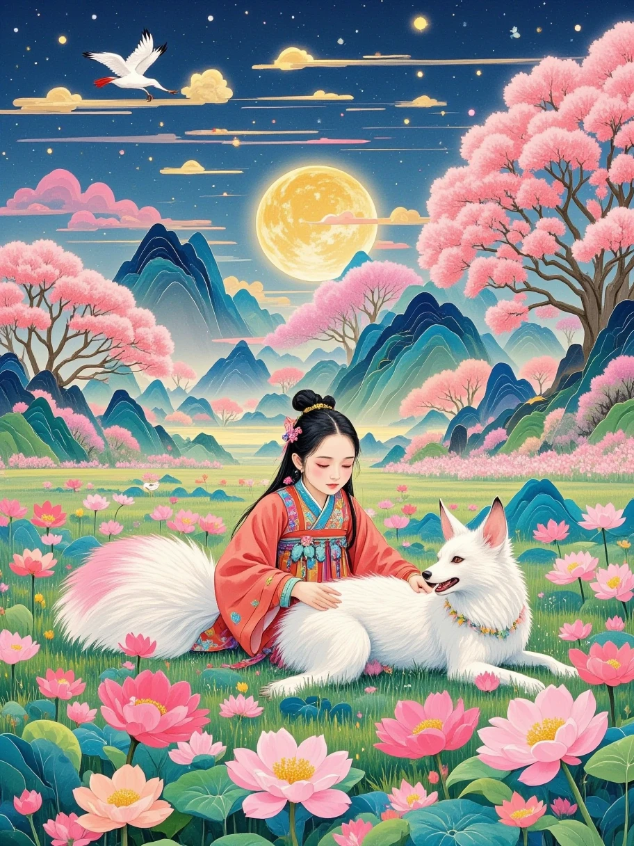  Chinese  and nine-tailed fox ，Lively and cute babynnocent Eyes ， Rosy cheeks ， with eyes closed ， long black hair ， wearing traditional red Hanfu ， The mysterious white nine-tailed fox is huge， lies on the ground， The nine tails stretch and swing behind the body ， with pink tail tips ， The baby is g in the arms of a nine-tailed fox ，Mountains and Seas Sutra， The background is a fantastic peach blossom forest ， pink petals falling with the wind ， Warm Atmosphere ， soft natural light， digital art style ，Delicate picture， high resolution， ultra-detailed ，Photorealistic rendering， rich colors，32K uhd， Commercial Photography ，Amazing quality