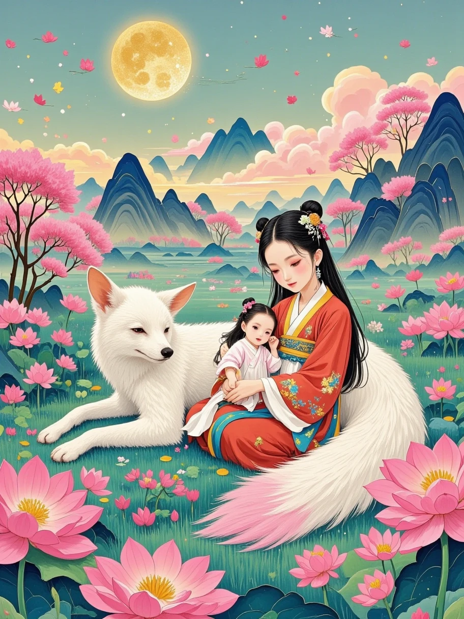  Chinese baby and nine-tailed fox ，Lively and cute baby ， Innocent Eyes ， Rosy cheeks ， with eyes closed ， long black hair ， wearing traditional red Hanfu ， The mysterious white nine-tailed fox is huge， lies on the ground， The nine tails stretch and swing behind the body ， with pink tail tips ， The baby is lying in the arms of a nine-tailed fox ，Mountains and Seas Sutra， The background is a fantastic peach blossom forest ， pink petals falling with the wind ， Warm Atmosphere ， soft natural light， digital art style ，Delicate picture， high resolution， ultra-detailed ，Photorealistic rendering， rich colors，32K uhd， Commercial Photography ，Amazing quality